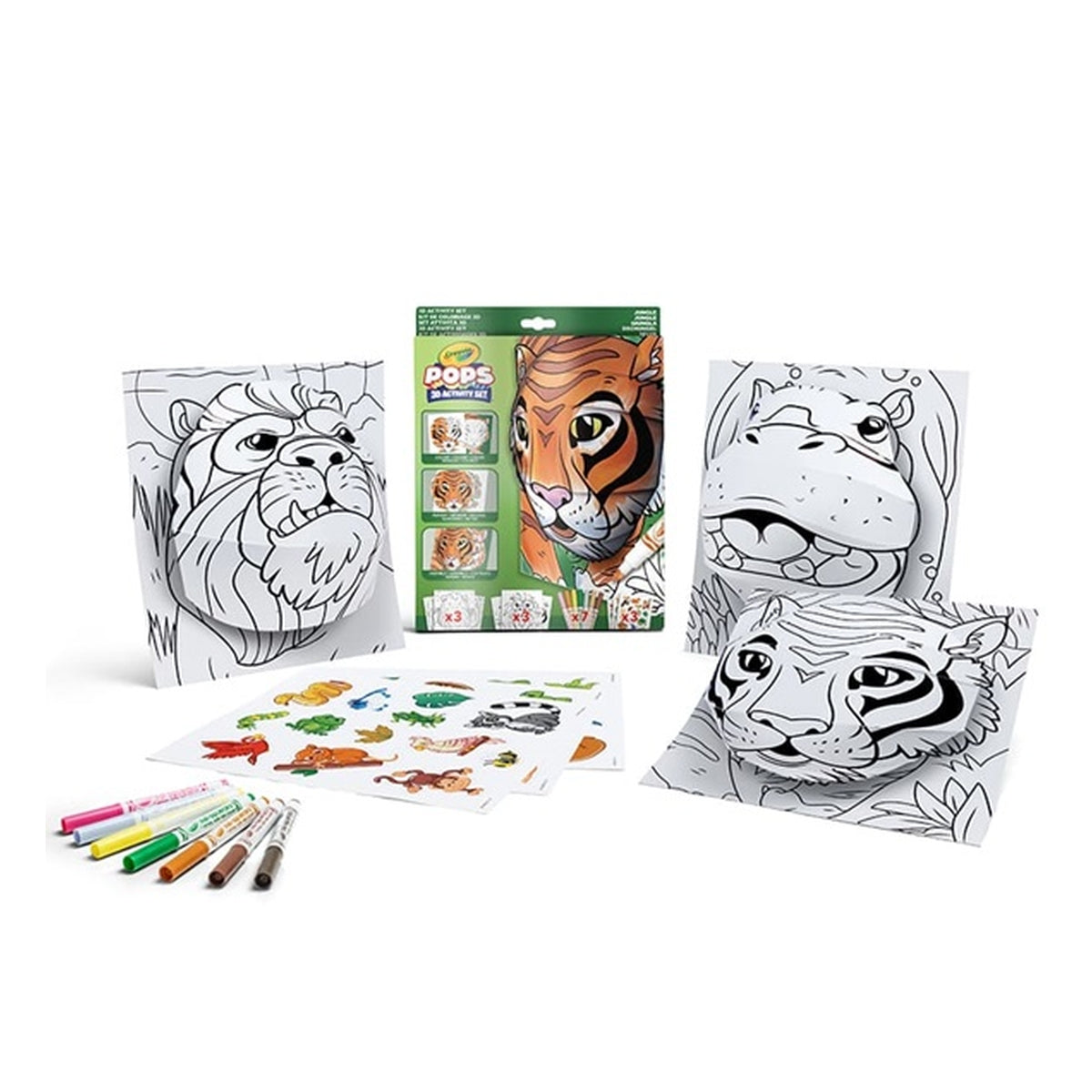 set attività pops giungla - 3 disegni 3d, 7 pennarelli, 3 fogli adesivi