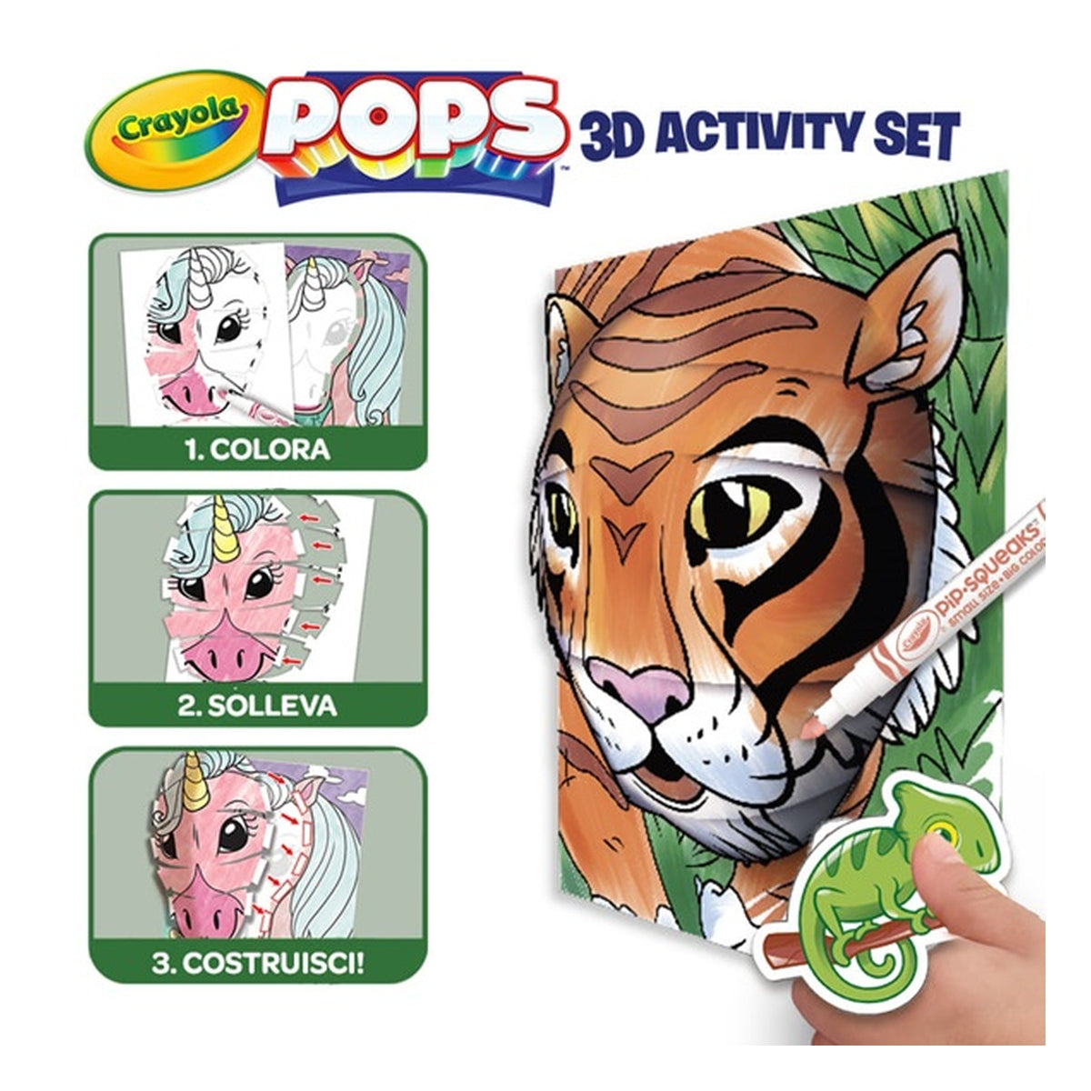 set attività pops giungla - 3 disegni 3d, 7 pennarelli, 3 fogli adesivi