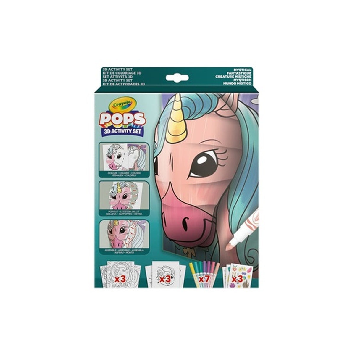 set attività pops creature mistiche - 3 disegni 3d, 7 pennarelli, 3 fogli adesivi