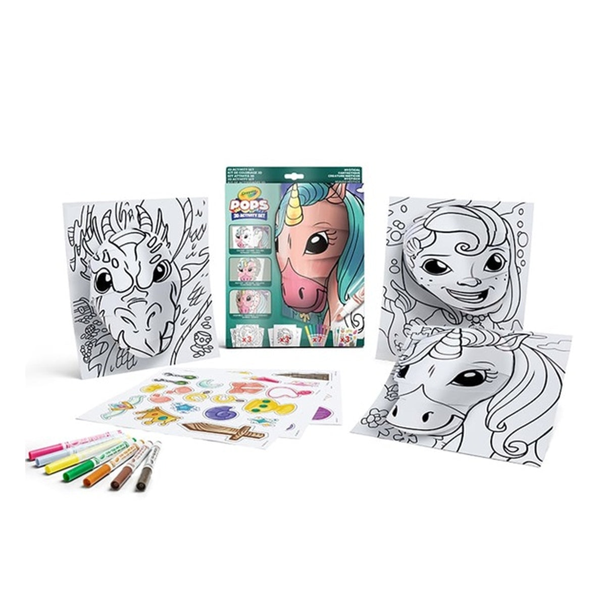 set attività pops creature mistiche - 3 disegni 3d, 7 pennarelli, 3 fogli adesivi