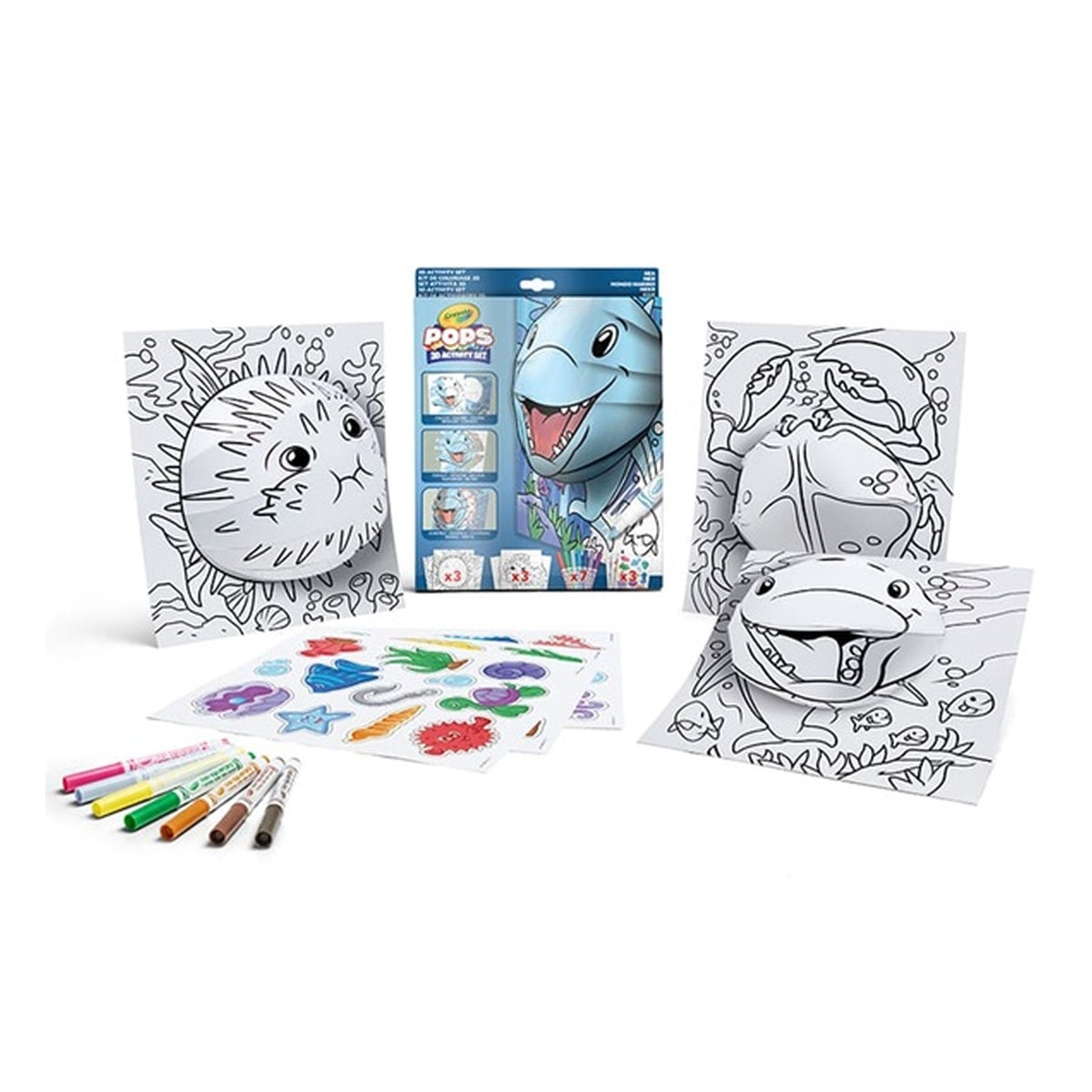 set attività pops mondo marino - 3 disegni 3d, 7 pennarelli, 3 fogli adesivi