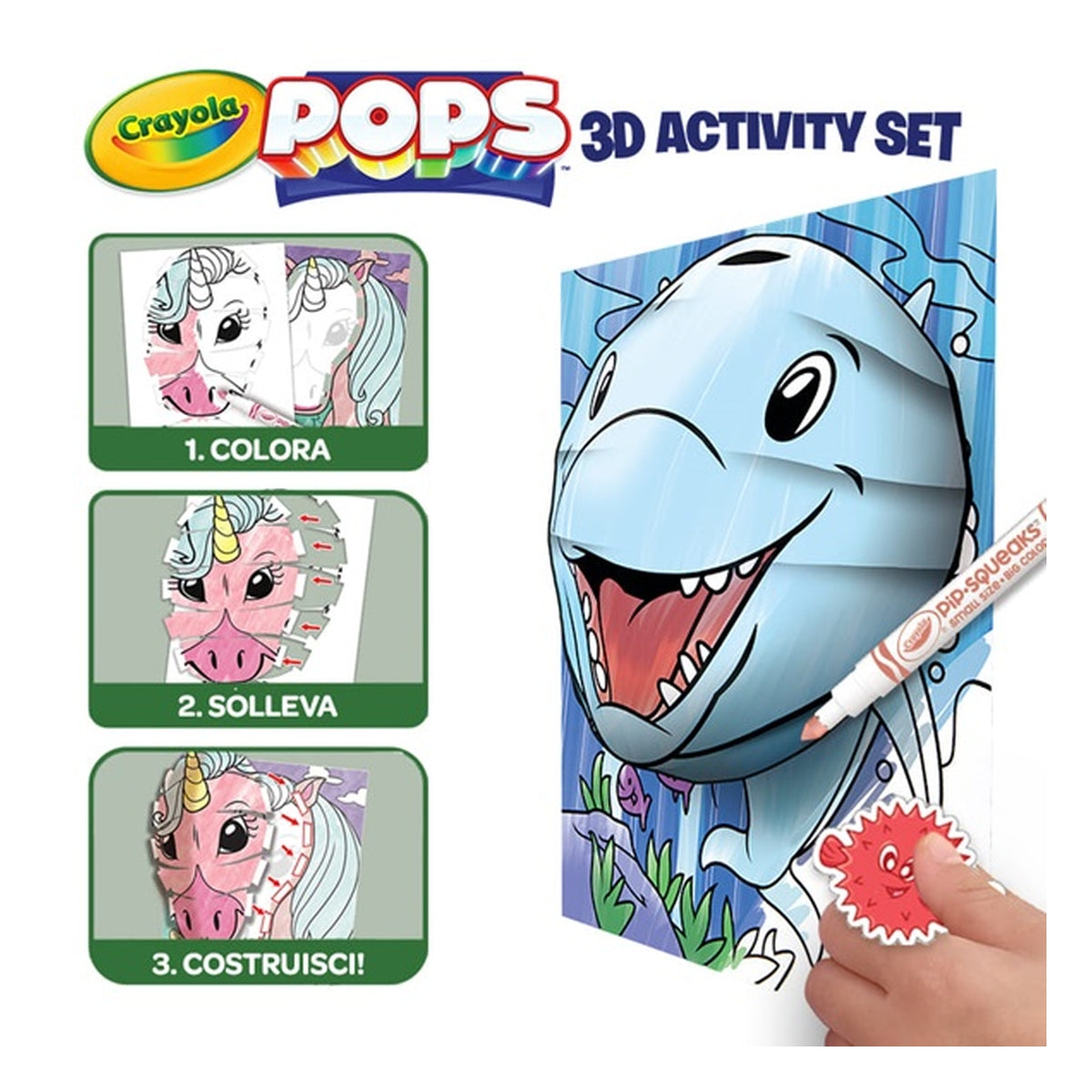 set attività pops mondo marino - 3 disegni 3d, 7 pennarelli, 3 fogli adesivi