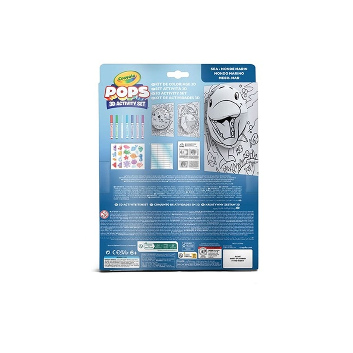 set attività pops mondo marino - 3 disegni 3d, 7 pennarelli, 3 fogli adesivi