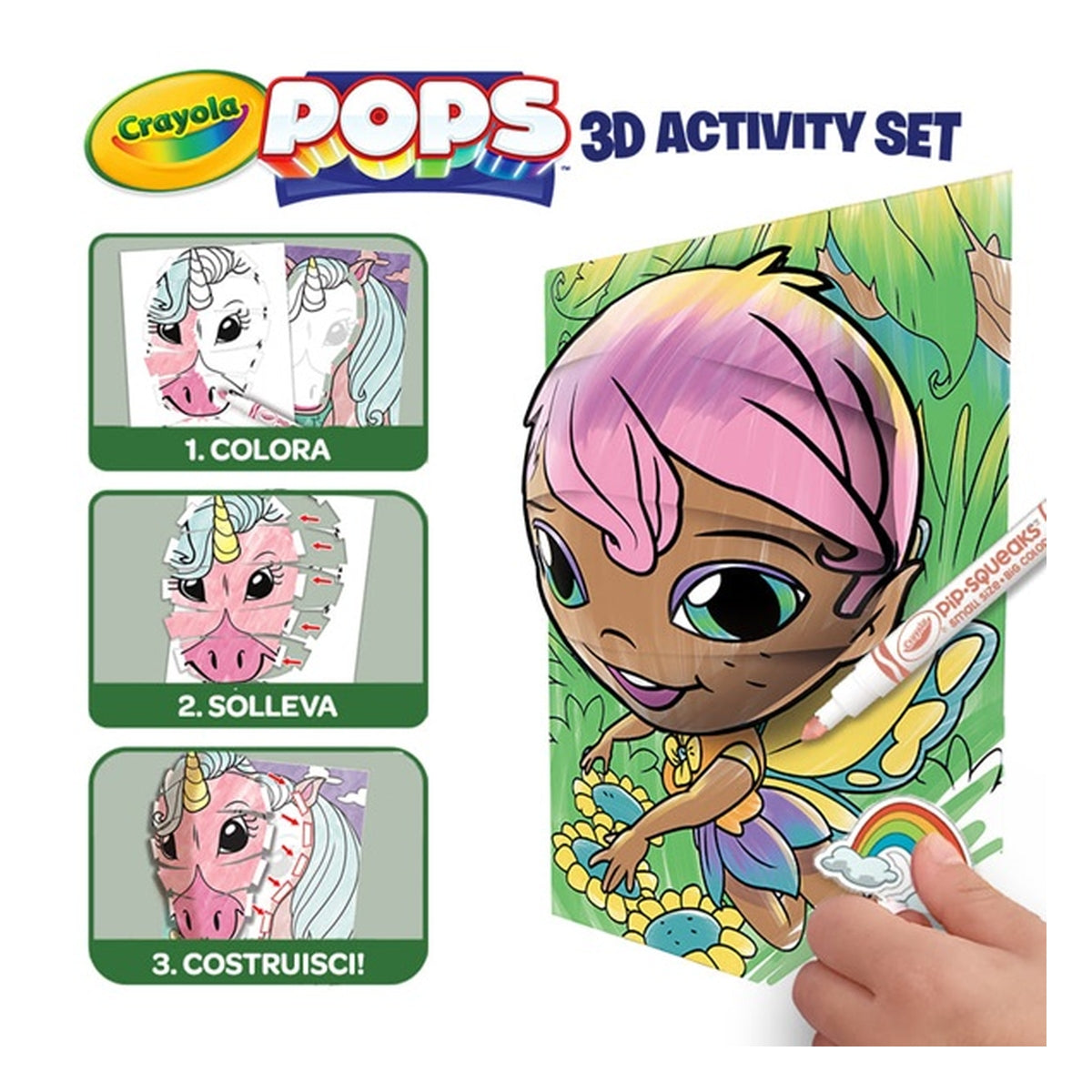 set attività pops personaggi incantati - 3 disegni 3d, 7 pennarelli, 3 fogli adesivi